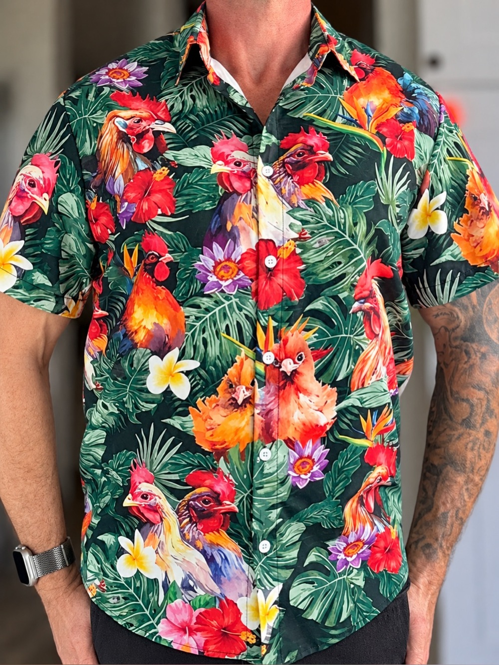 Men’s L Rooster Chicken Tropical Hawaiian Aloha Button Down Shirt